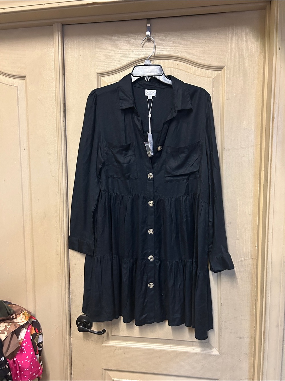 Mud Pie Black Button-Front Tiered Long-Sleeve Dress